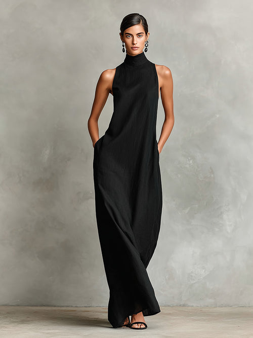 Caterina | Vestido Largo Cuello Alto con Bolsillos
