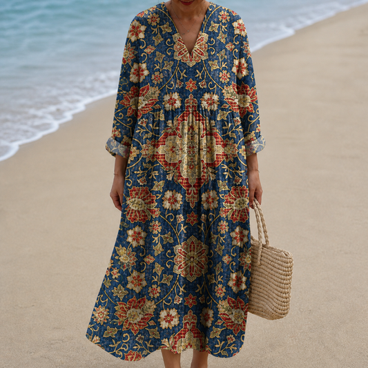 Vestido largo azul marino con mosaico floral