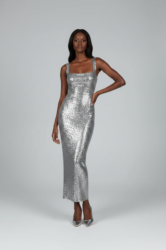 Vestido Plateado de Fiesta para Mujer