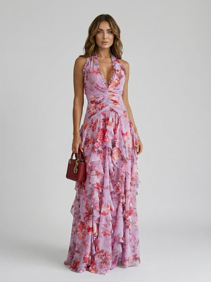 Belladina | Romántica Cascada de Rosas – Vestido Largo con Escote Halter