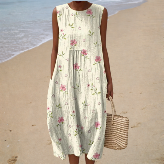 Vestido midi sin mangas crudo con rosas