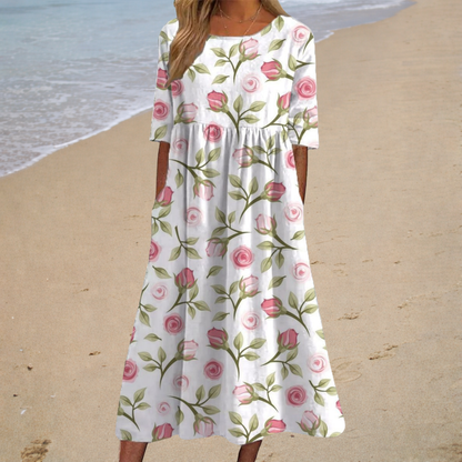 Vestido midi blanco con rosas