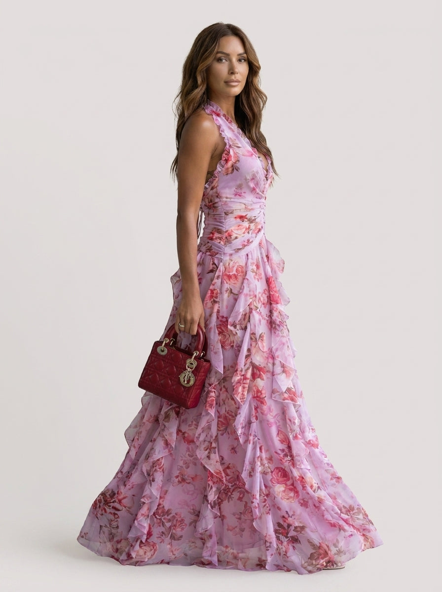 Belladina | Romántica Cascada de Rosas – Vestido Largo con Escote Halter