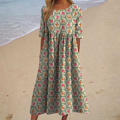 Vestido midi verde con flores pequeñas