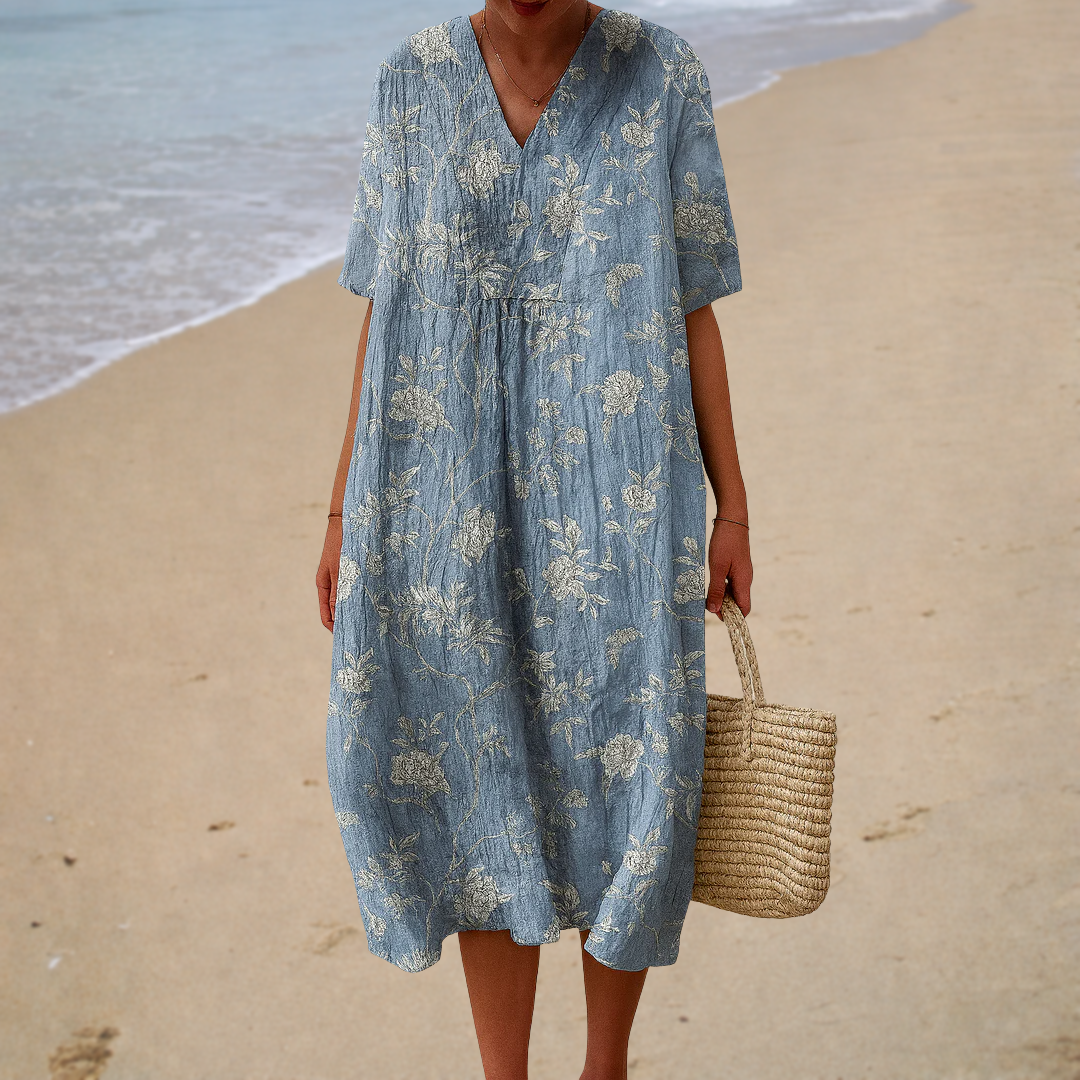 Vestido largo azul con estampado floral