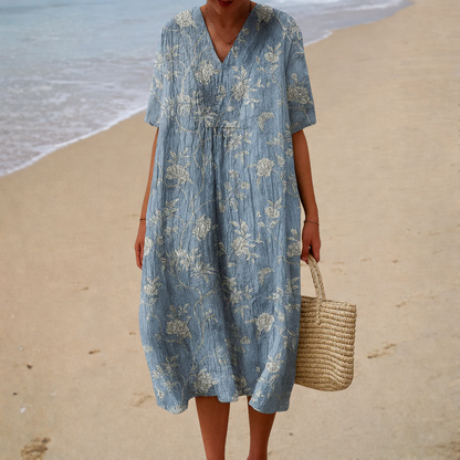 Vestido largo azul con estampado floral