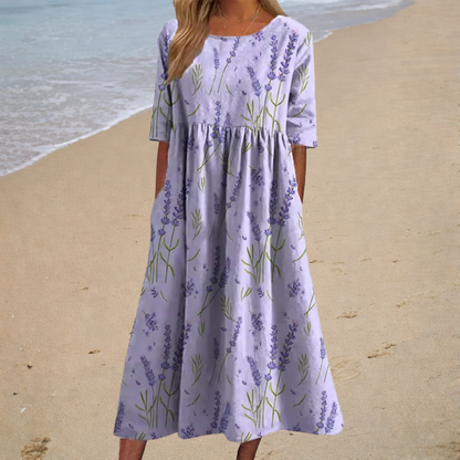 Vestido midi lila con espigas de lavanda