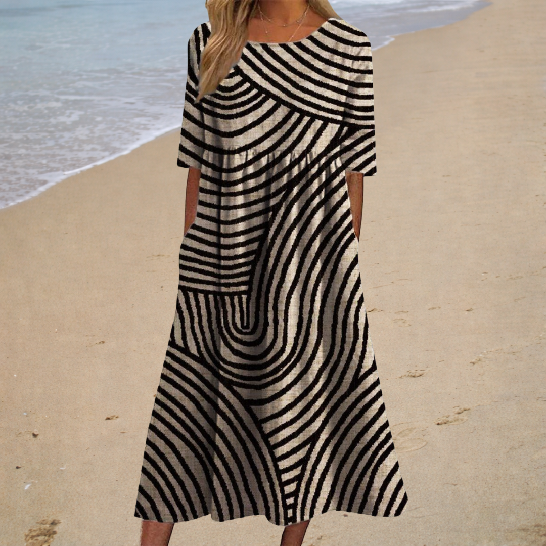 Vestido midi blanco y negro de rayas curvas