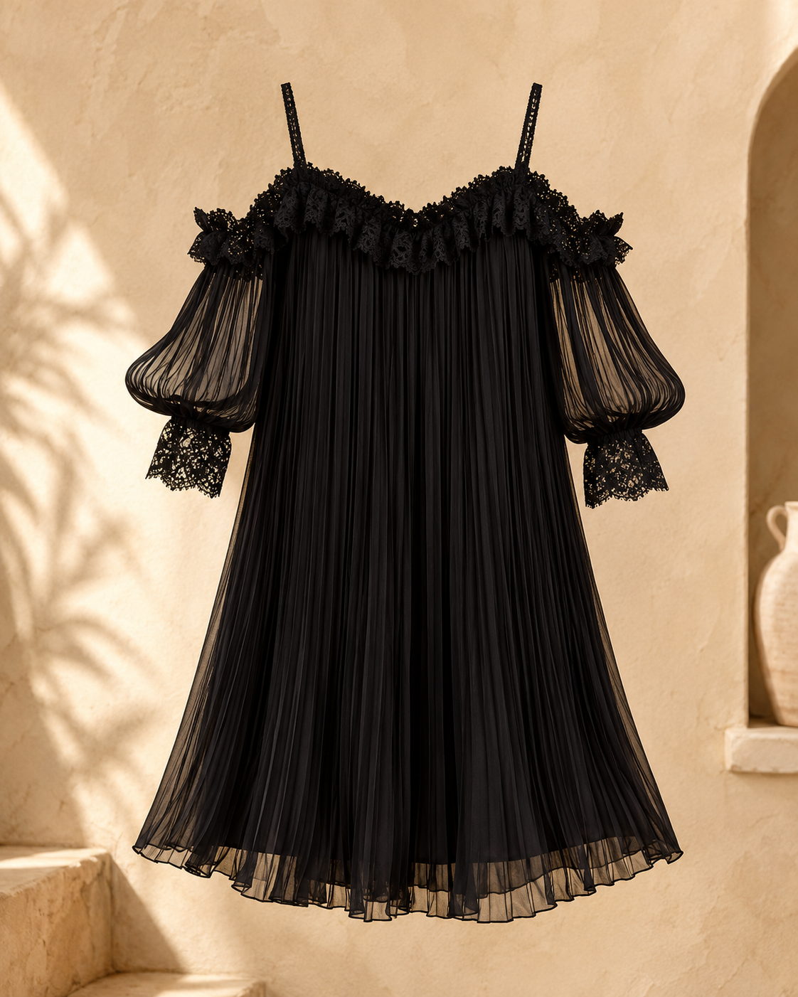 Vestido corto negro de gasa plisada y encaje, look completo de invitada
