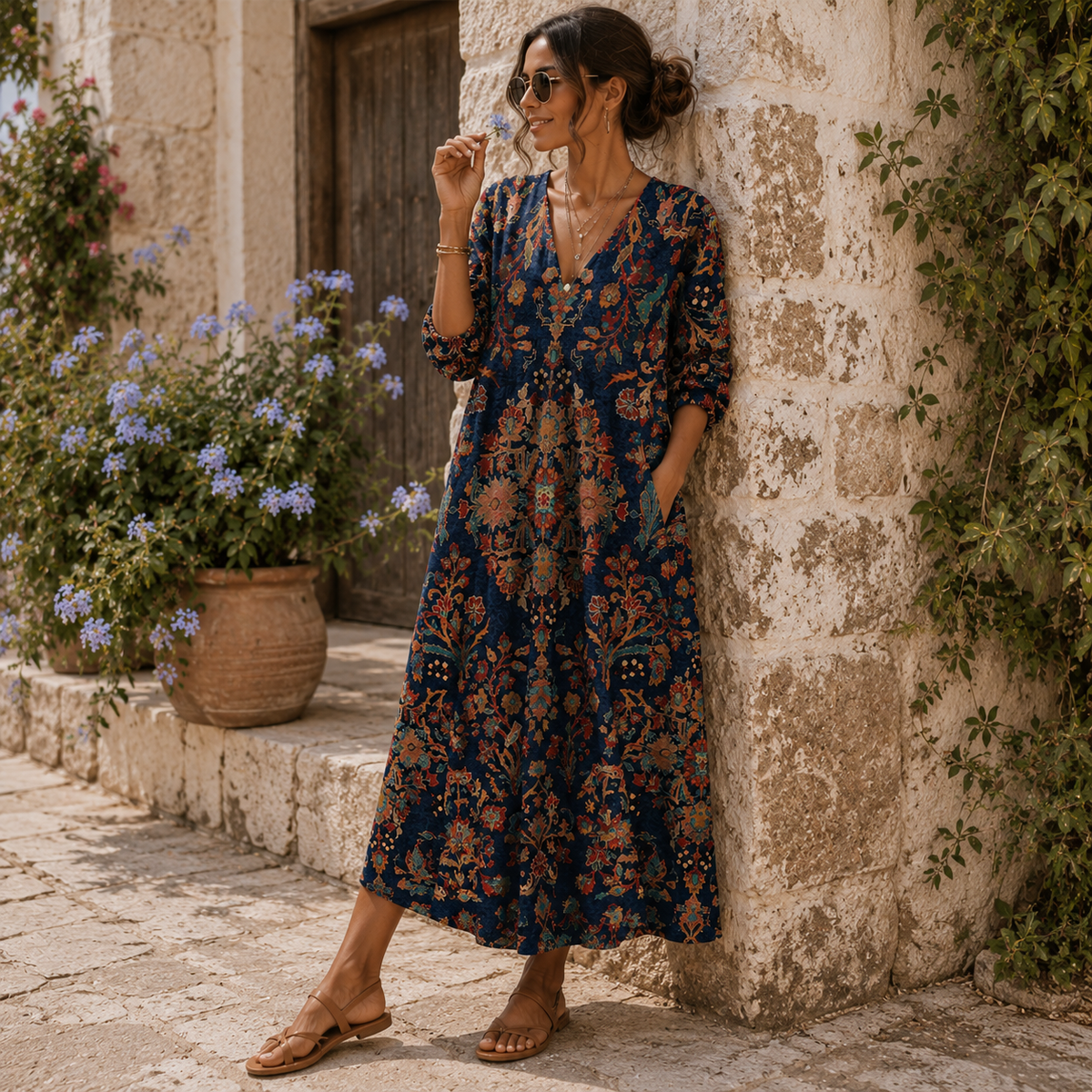 Édith, vestido largo azul noche — detalle del tejido