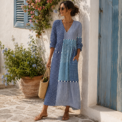 Clémence, vestido largo de mosaico azul — detalle del estampado