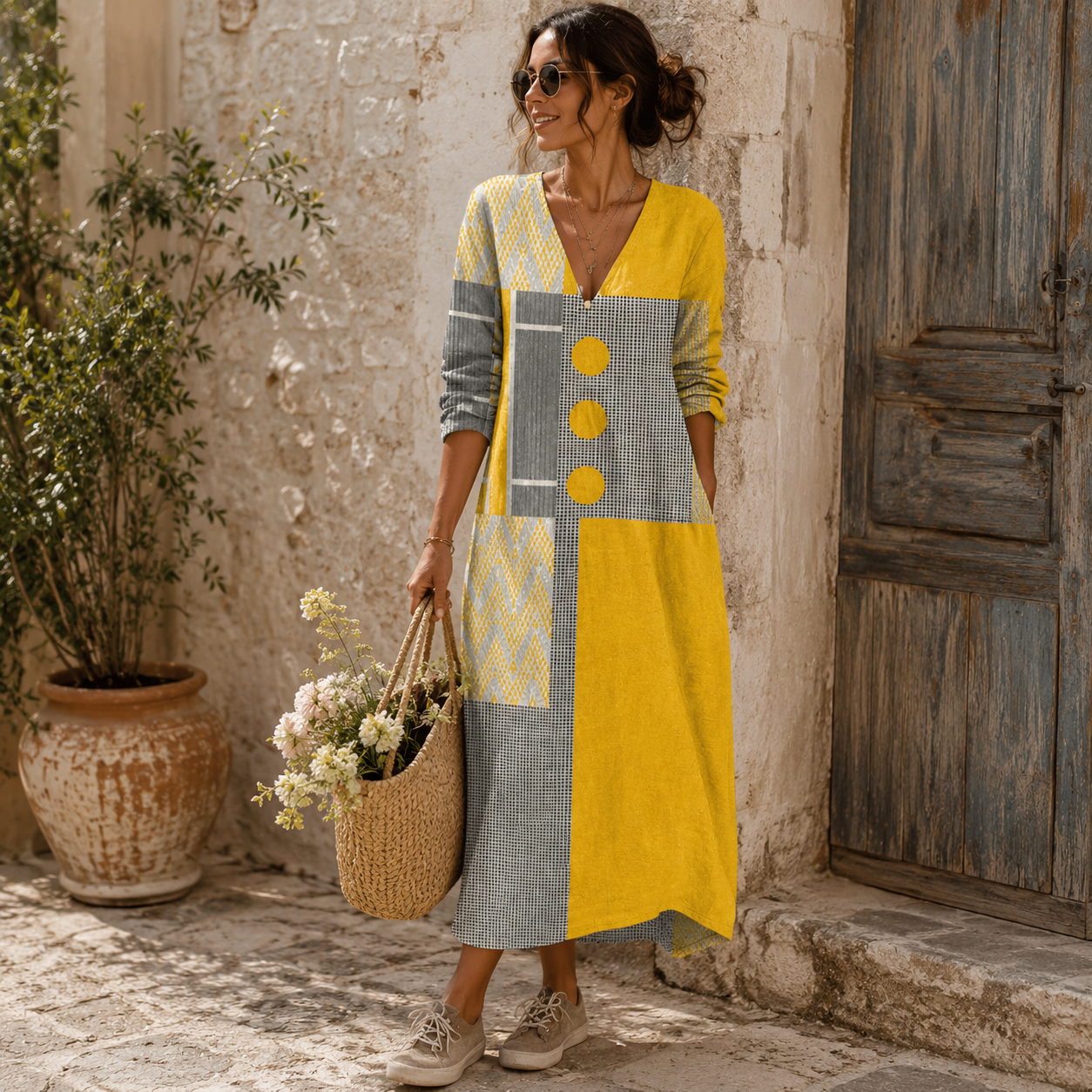 Rosalie, vestido largo de botones y estampado — detalle de los botones