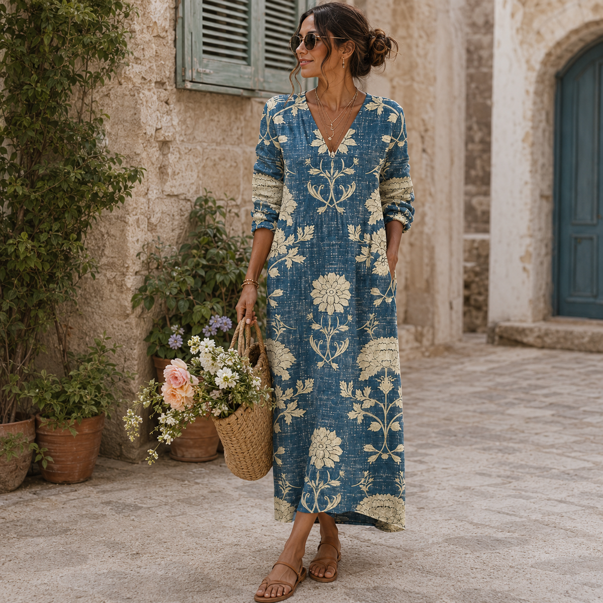 Élisabeth, vestido largo de flores y hojas — detalle del estampado