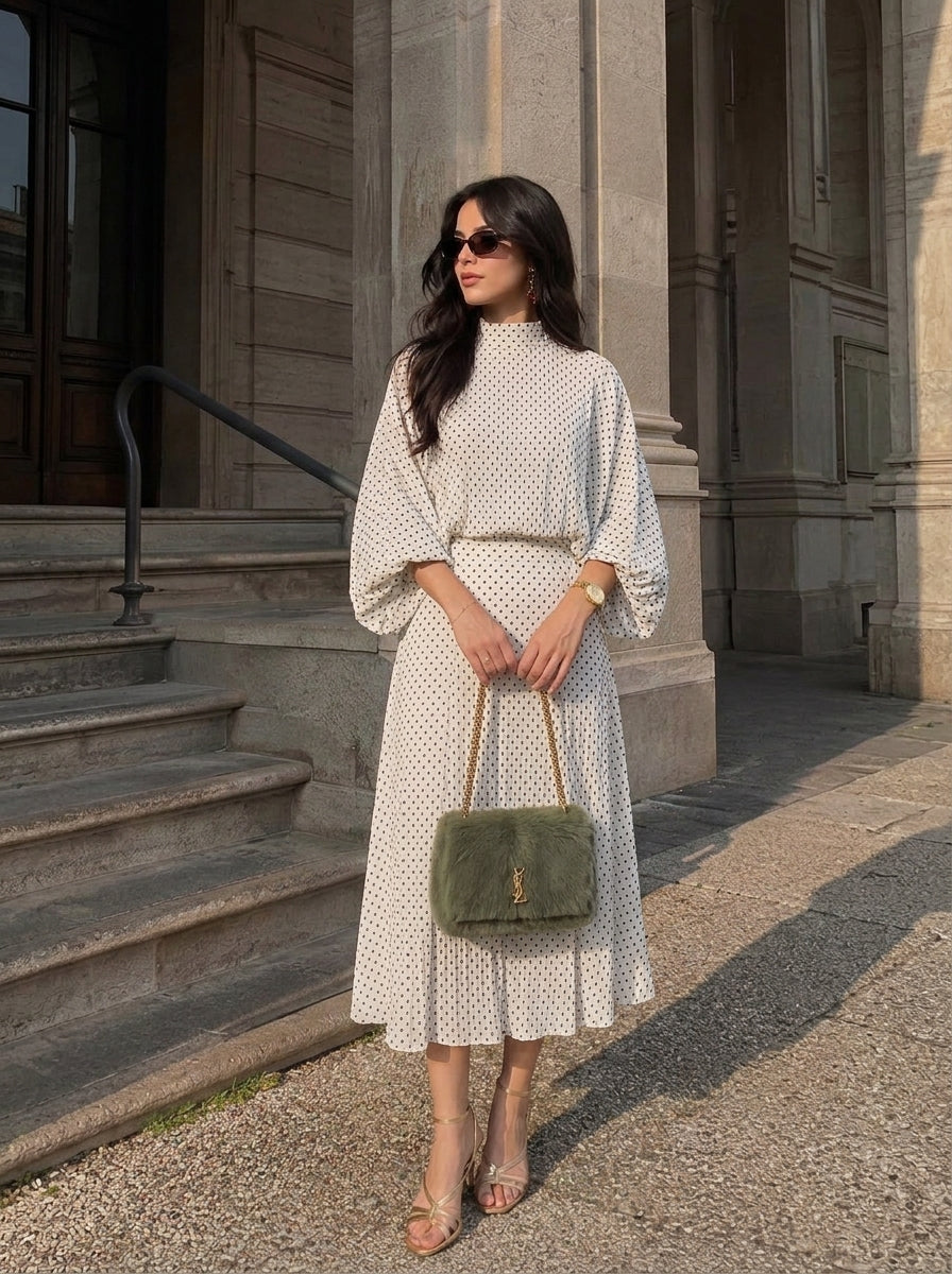Rocío | Conjunto de Gasa de Lunares — Blusa y Falda Midi