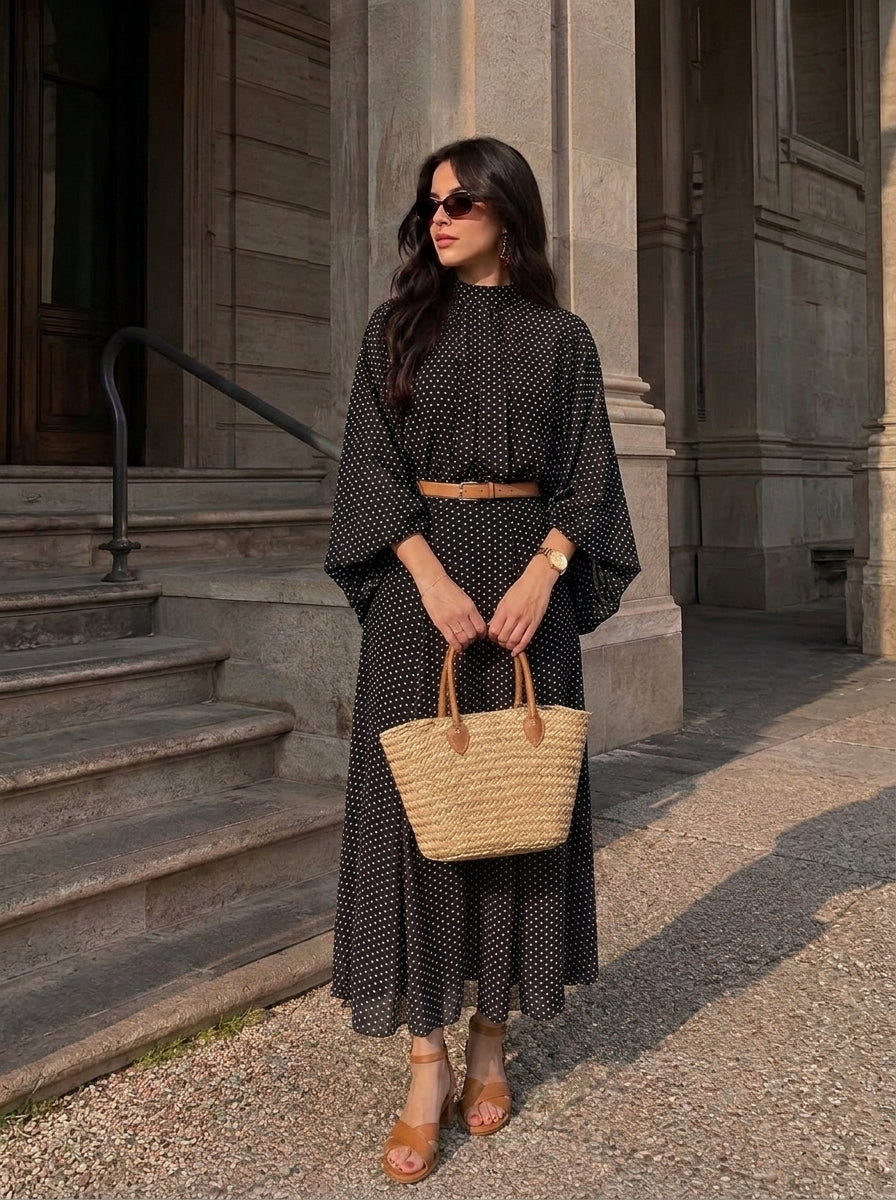 Rocío | Conjunto de Gasa de Lunares — Blusa y Falda Midi
