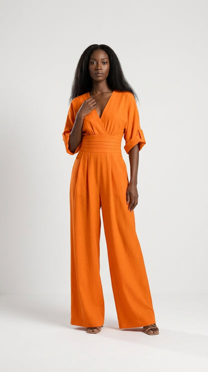 Mono Mujer Cuello V Talle Alto Pierna Ancha | Mono Elegante de Vestir