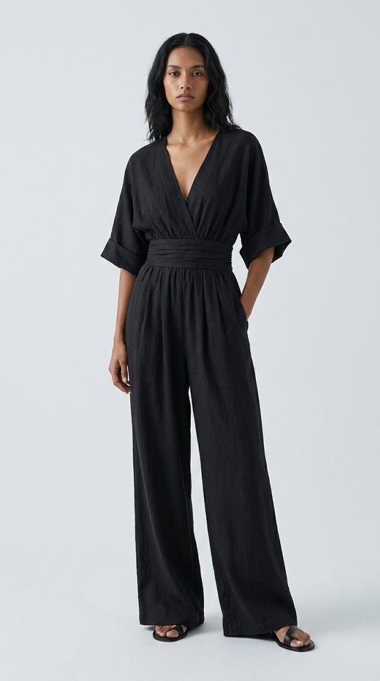 Mono Mujer Cuello V Talle Alto Pierna Ancha | Mono Elegante de Vestir