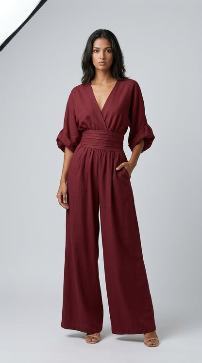 Mono Mujer Cuello V Talle Alto Pierna Ancha | Mono Elegante de Vestir