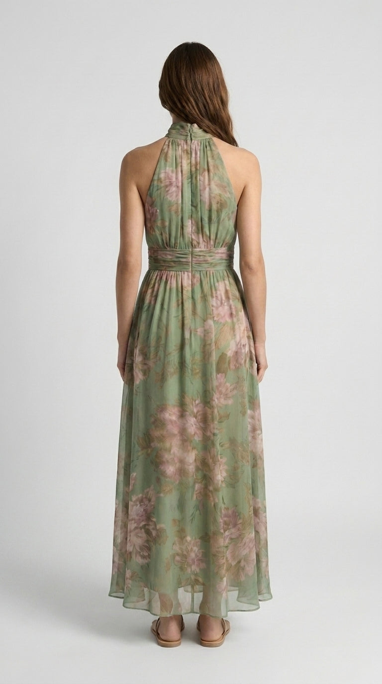 Livia | Vestido Maxi Halter Floral Elegante