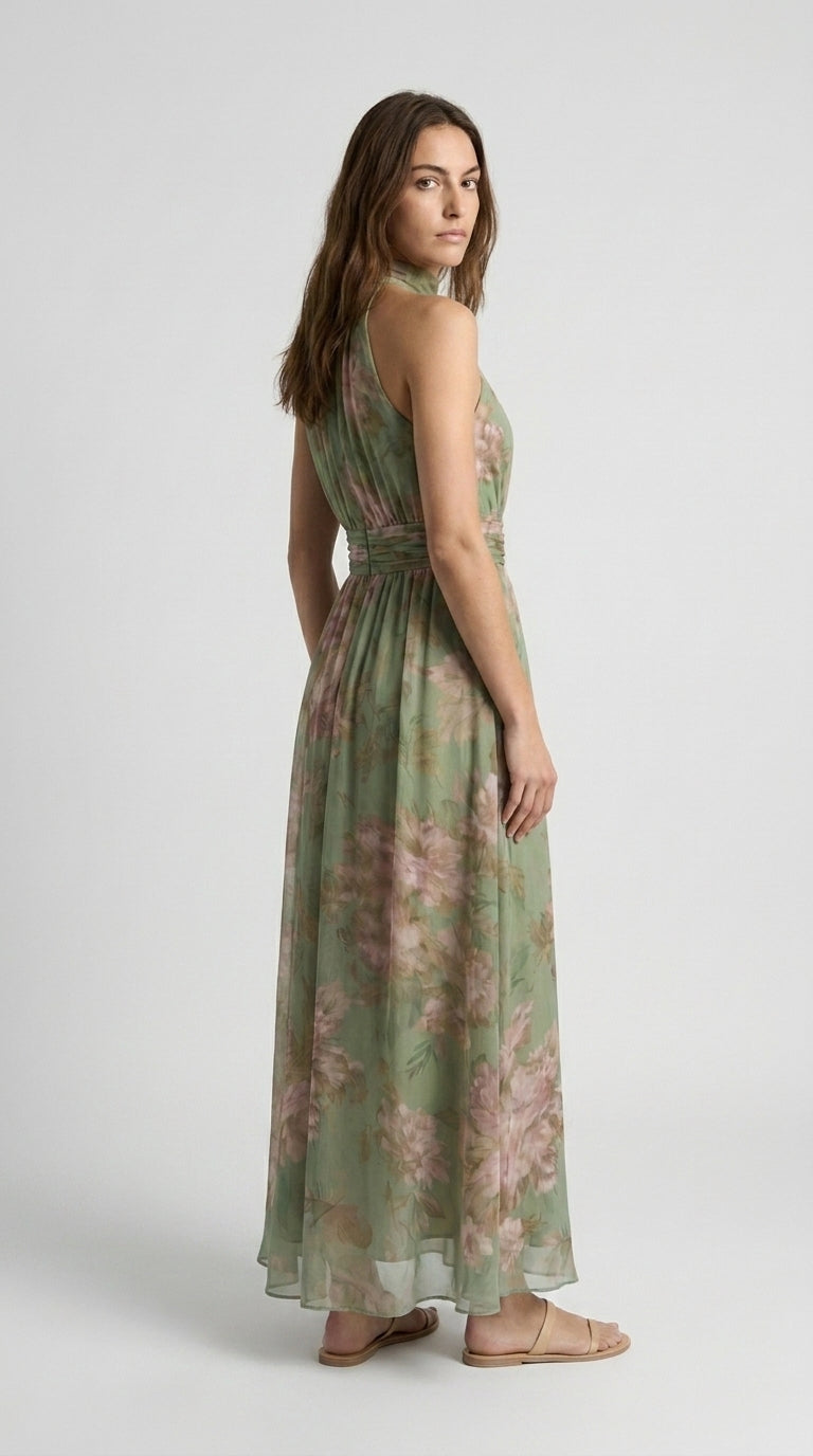 Livia | Vestido Maxi Halter Floral Elegante