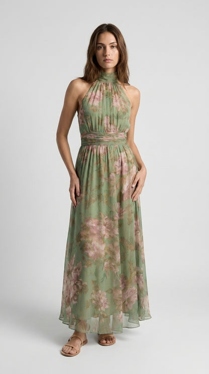 Livia | Vestido Maxi Halter Floral Elegante