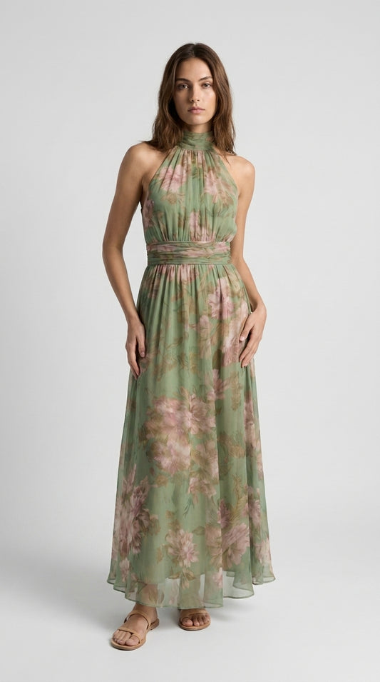 Livia | Vestido Maxi Halter Floral Elegante
