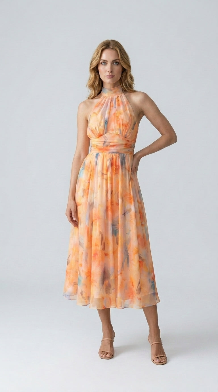 Aurora | Vestido con Cuello Halter y Estampado Acuarela