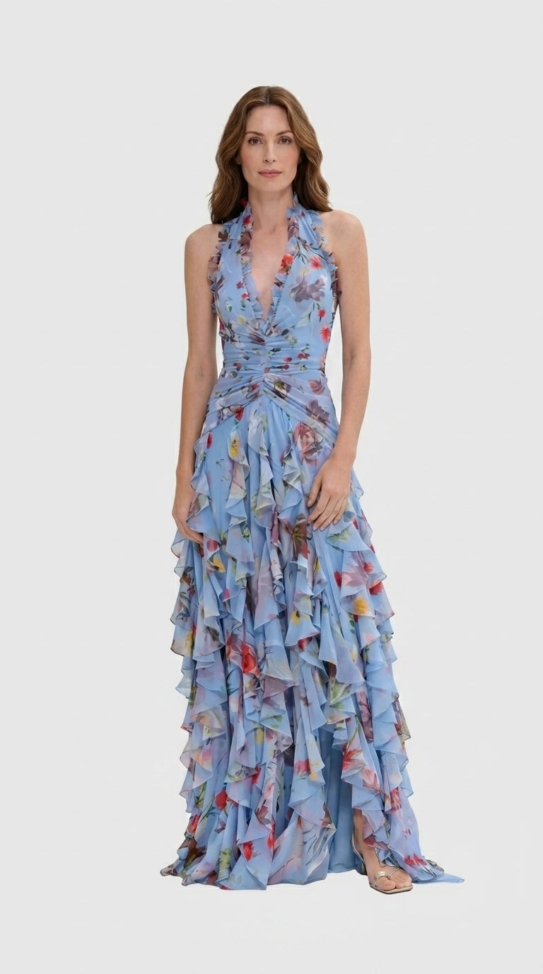 Belladina | Romántica Cascada de Rosas – Vestido Largo con Escote Halter