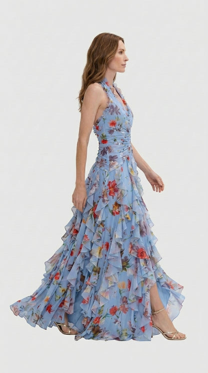 Belladina | Romántica Cascada de Rosas – Vestido Largo con Escote Halter