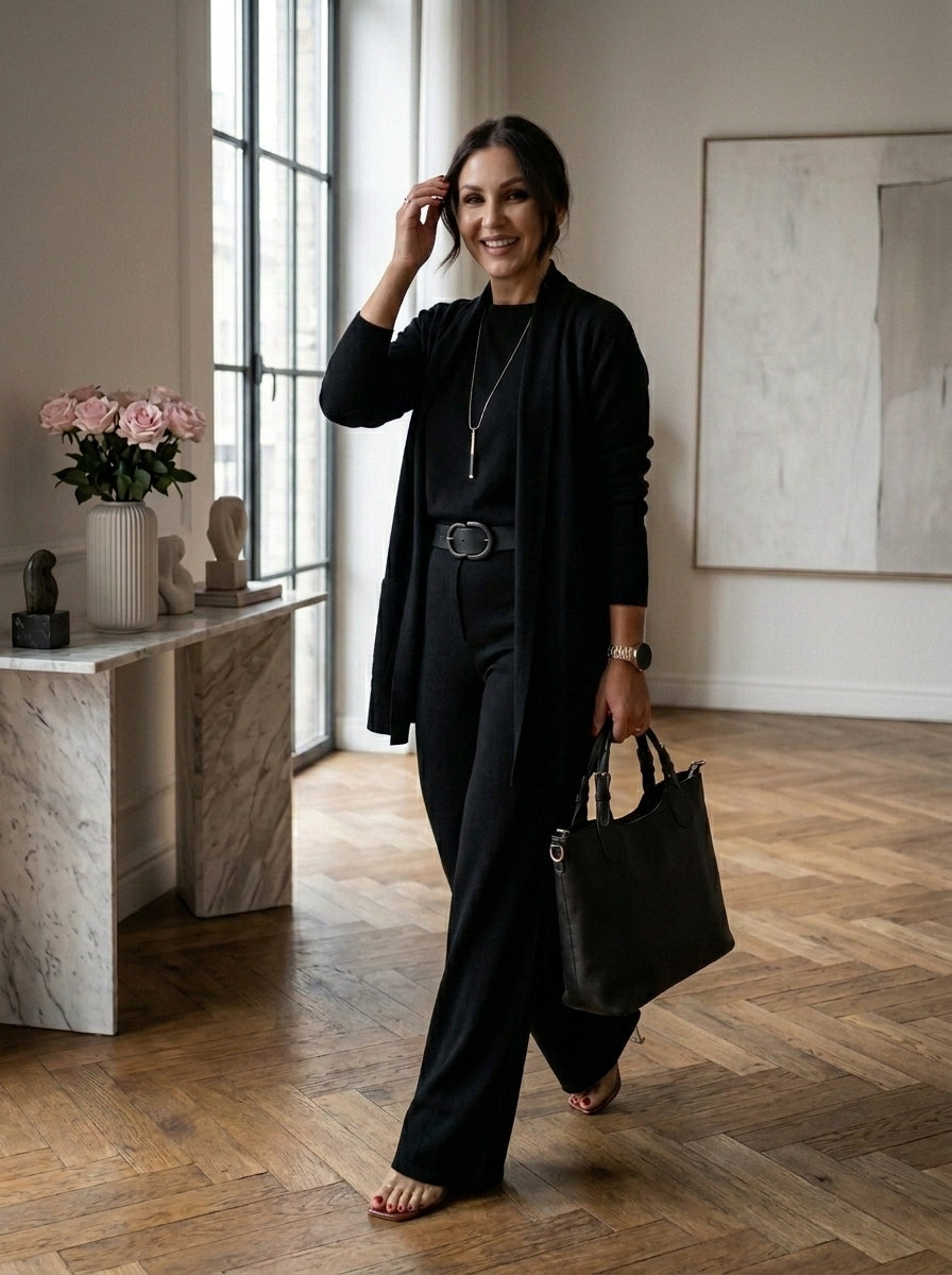 Conjunto de punto negro junto a la ventana, chaqueta larga y pantalón de pierna ancha