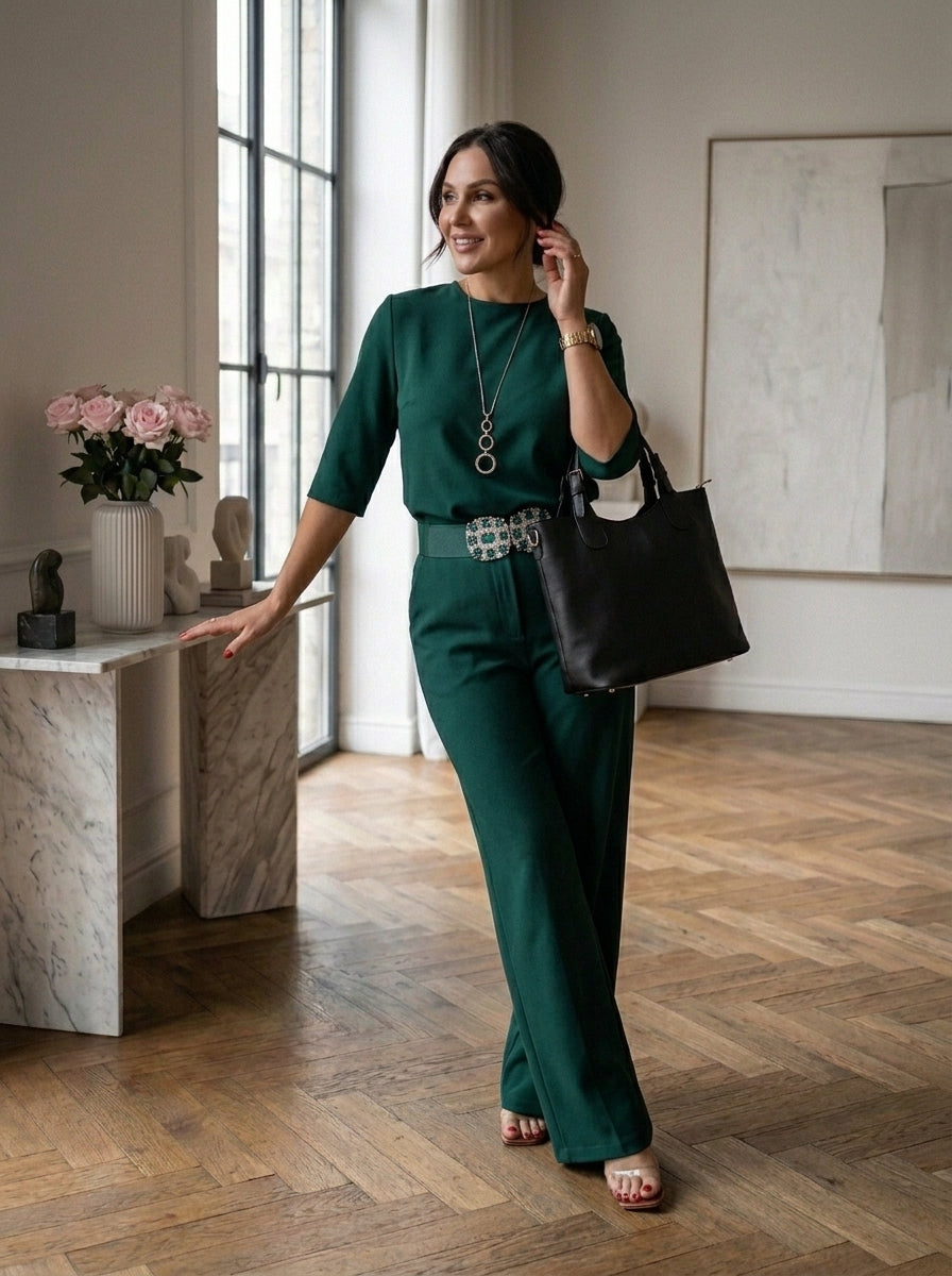 Conjunto de punto verde botella: camiseta de manga murciélago y pantalón de pierna ancha
