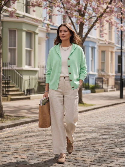 Chaqueta de punto Bruna en verde menta, con capucha y botones de madera, en la calle