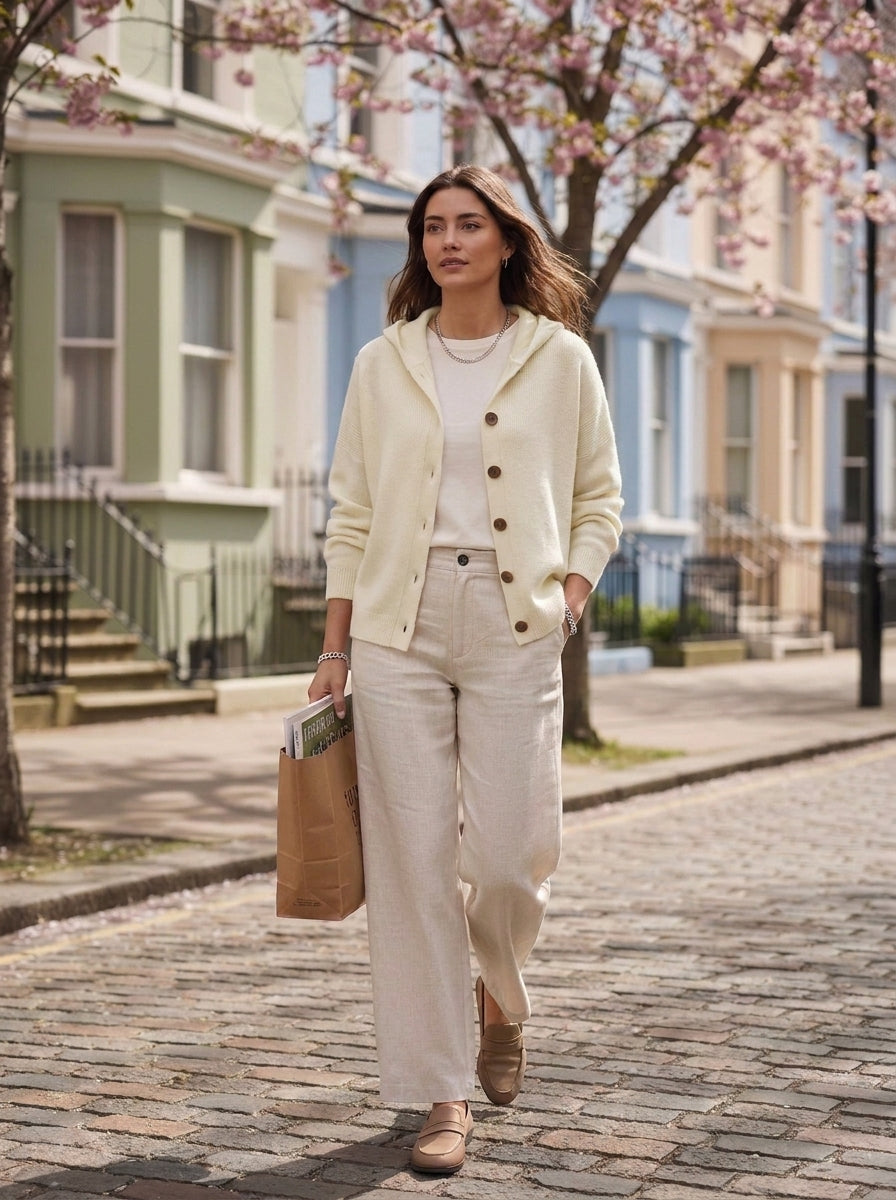 Chaqueta de punto Bruna en beige, con capucha y botones de madera, en la calle