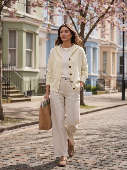 Chaqueta de punto Bruna en beige, con capucha y botones de madera, en la calle
