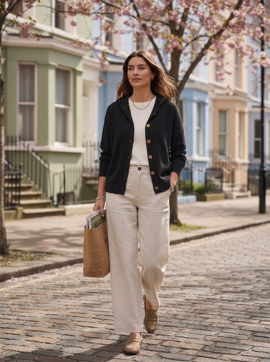 Chaqueta de punto Bruna en negro, con capucha y botones de madera, en la calle