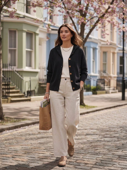 Chaqueta de punto Bruna en negro, con capucha y botones de madera, en la calle