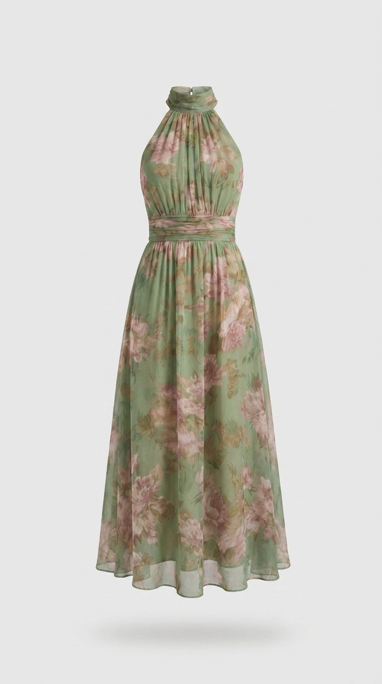 Livia | Vestido Maxi Halter Floral Elegante