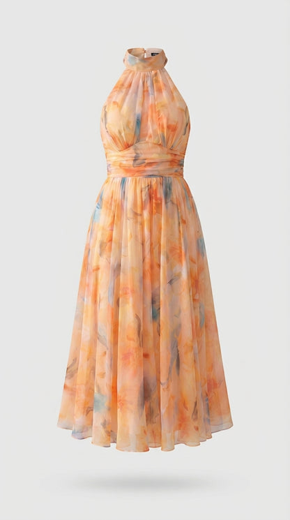 Aurora | Vestido con Cuello Halter y Estampado Acuarela