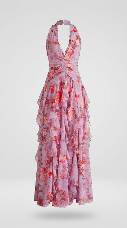 Belladina | Romántica Cascada de Rosas – Vestido Largo con Escote Halter