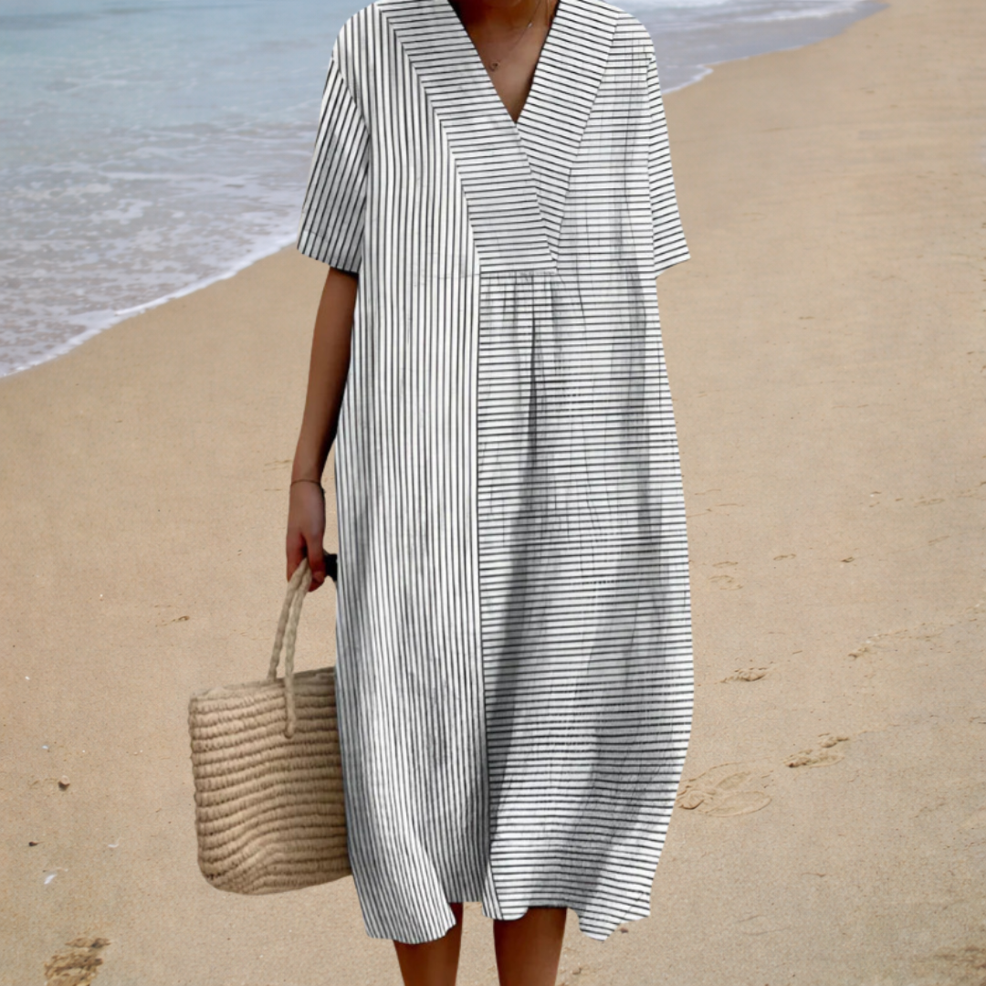 Vestido largo de rayas finas azul y blanco