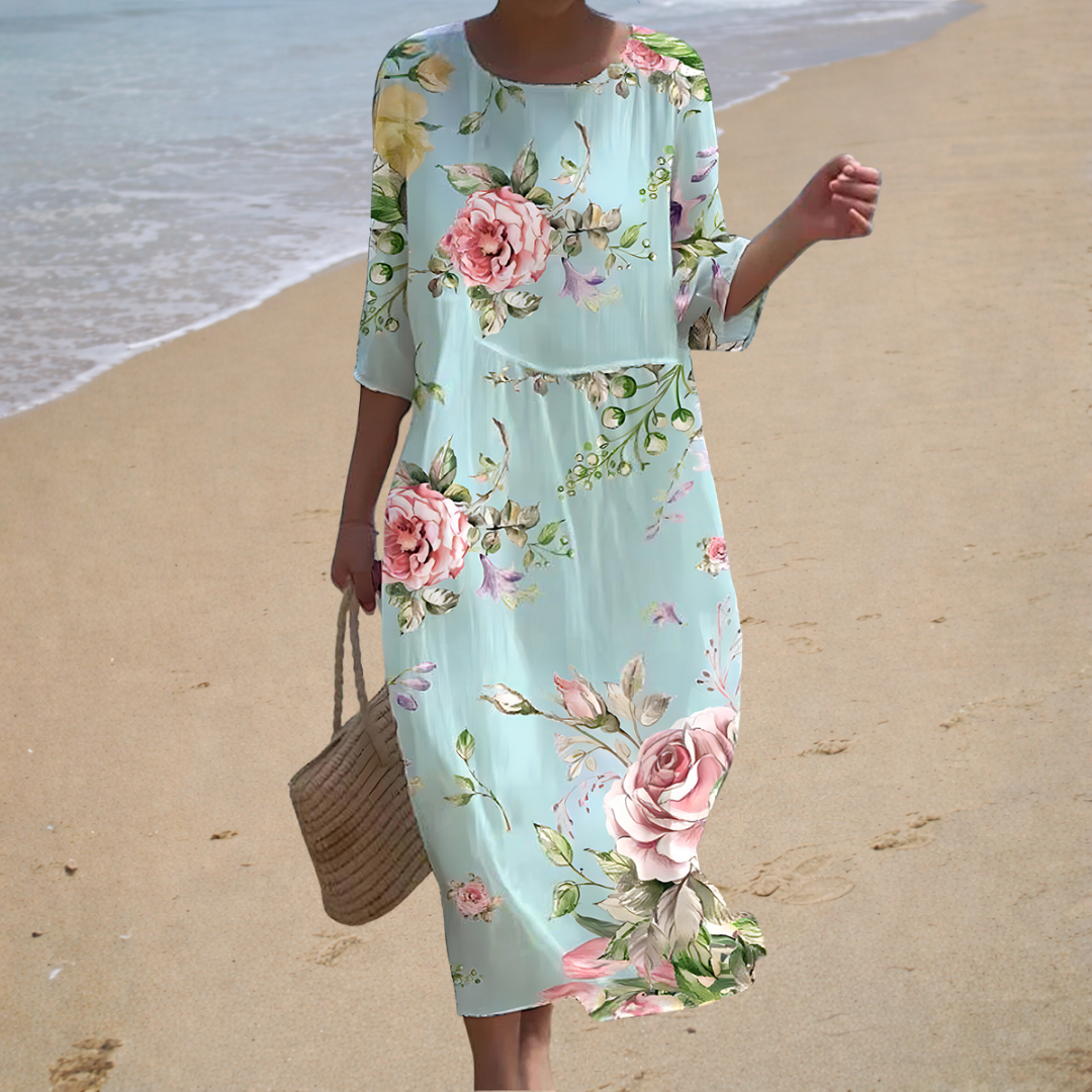 Vestido largo aguamarina con rosas