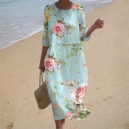 Vestido largo aguamarina con rosas