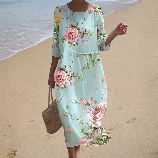 Vestido largo aguamarina con rosas
