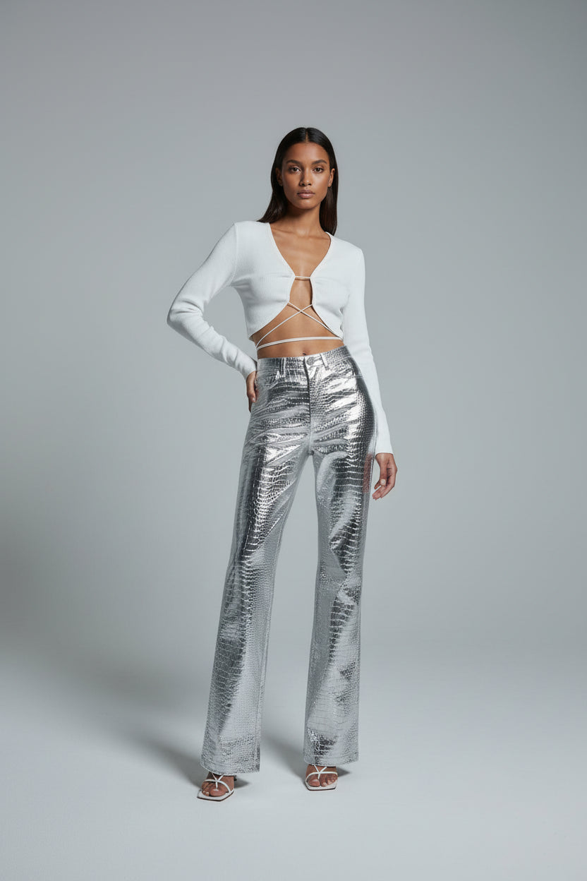Pantalones de Cuero Plateados para Mujer