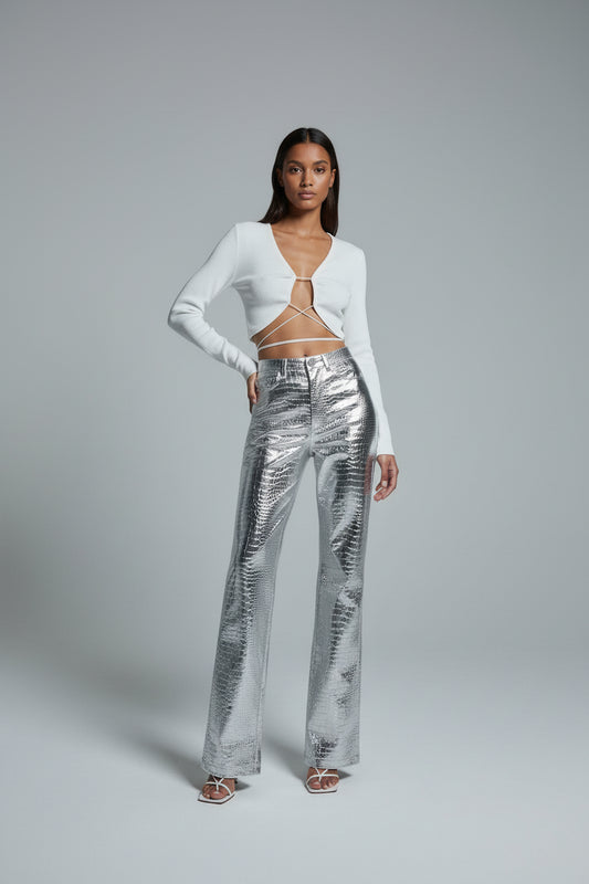 Pantalones de Cuero Plateados para Mujer