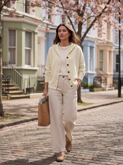 Chaqueta de punto Bruna en beige, abierta sobre camiseta blanca