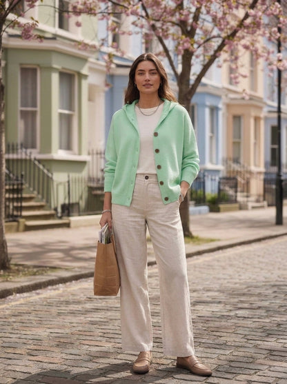 Chaqueta de punto Bruna en verde menta, abierta sobre camiseta blanca