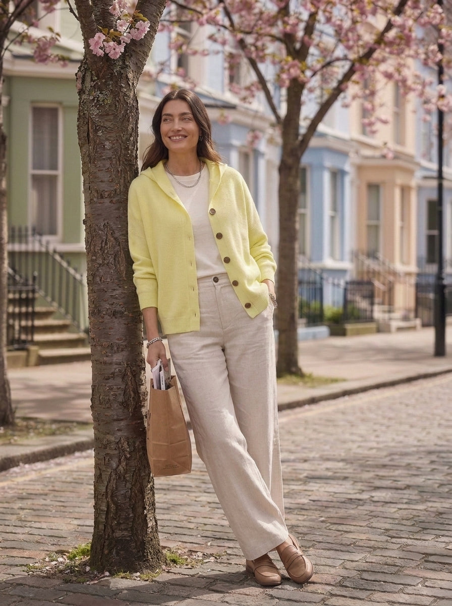 Chaqueta de punto Bruna en amarillo, andando por la calle