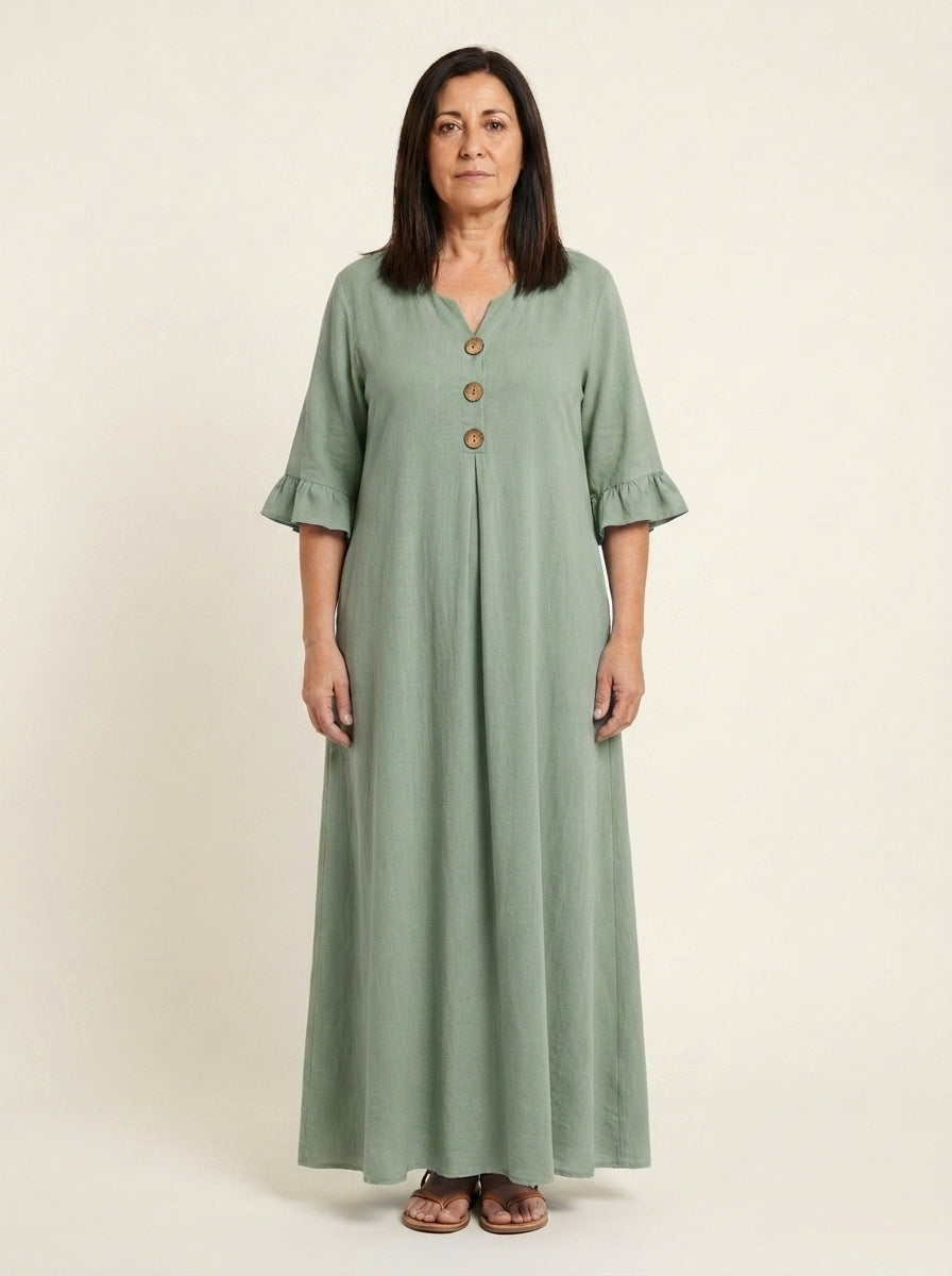Irene | Vestido Maxi Manga 3/4 con Bolsillos