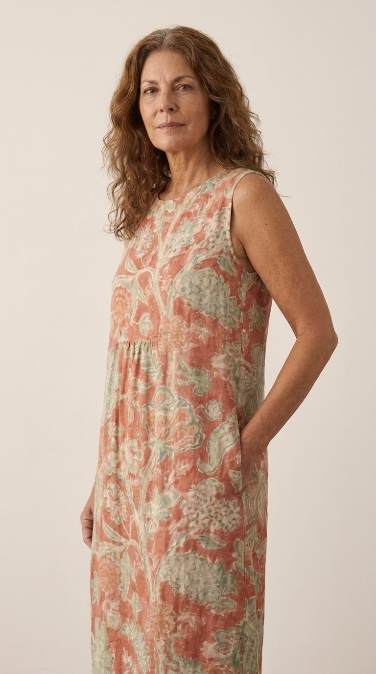 Plano medio del vestido SARA: la tela cae suelta sin marcar cintura ni cadera